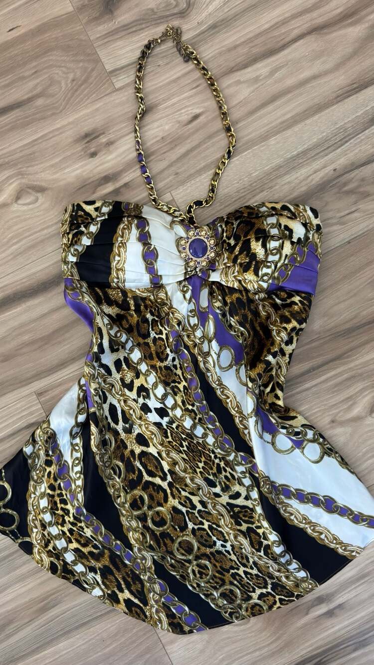 Caché Halter Top Size S Silk Leopard Chain Print Purple Gold